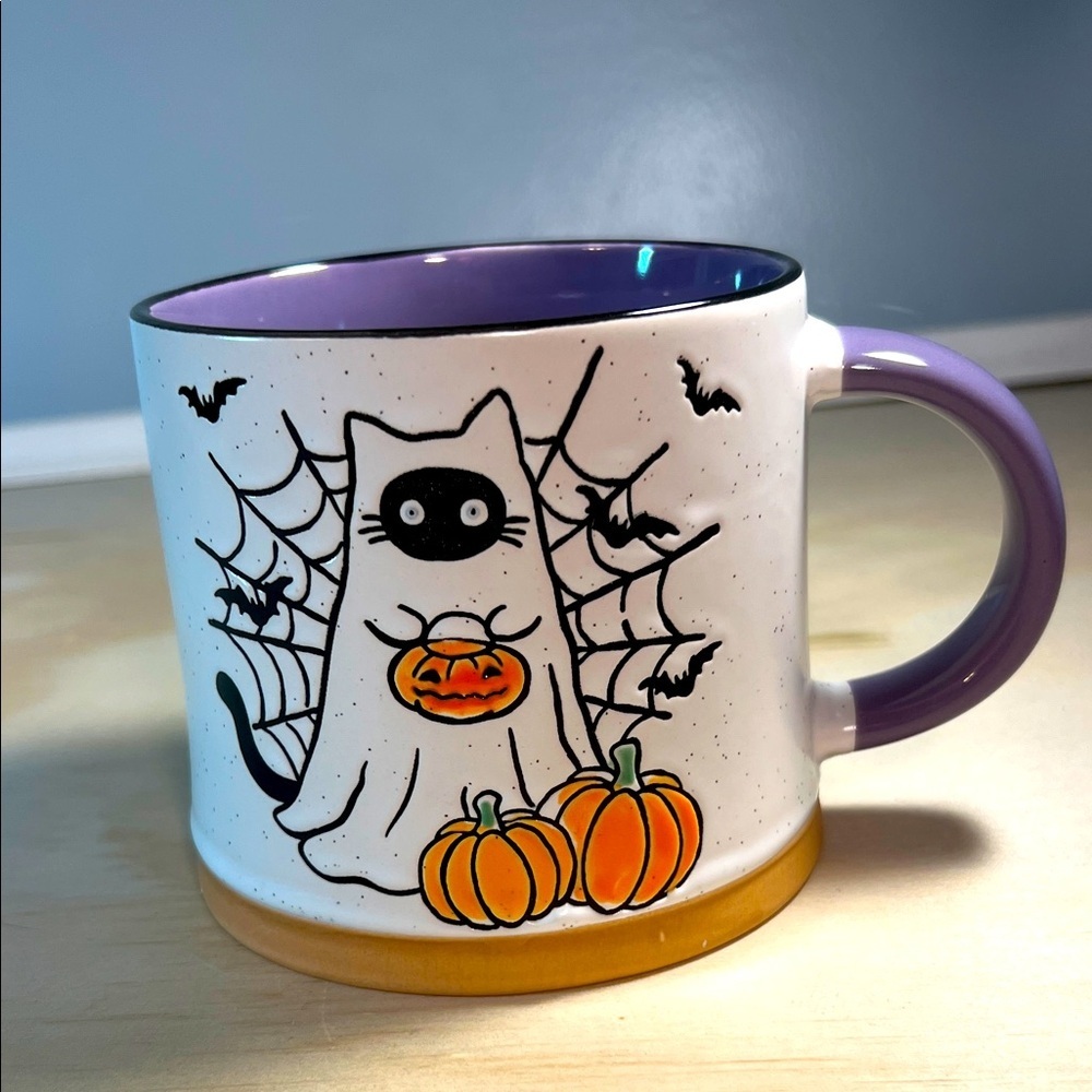 Halloween Cat Mug with Pumpkins and Bats Purple and Orange